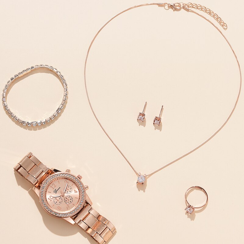kit Relógio, pulseira, cordão e Anel Rose Gold Premium