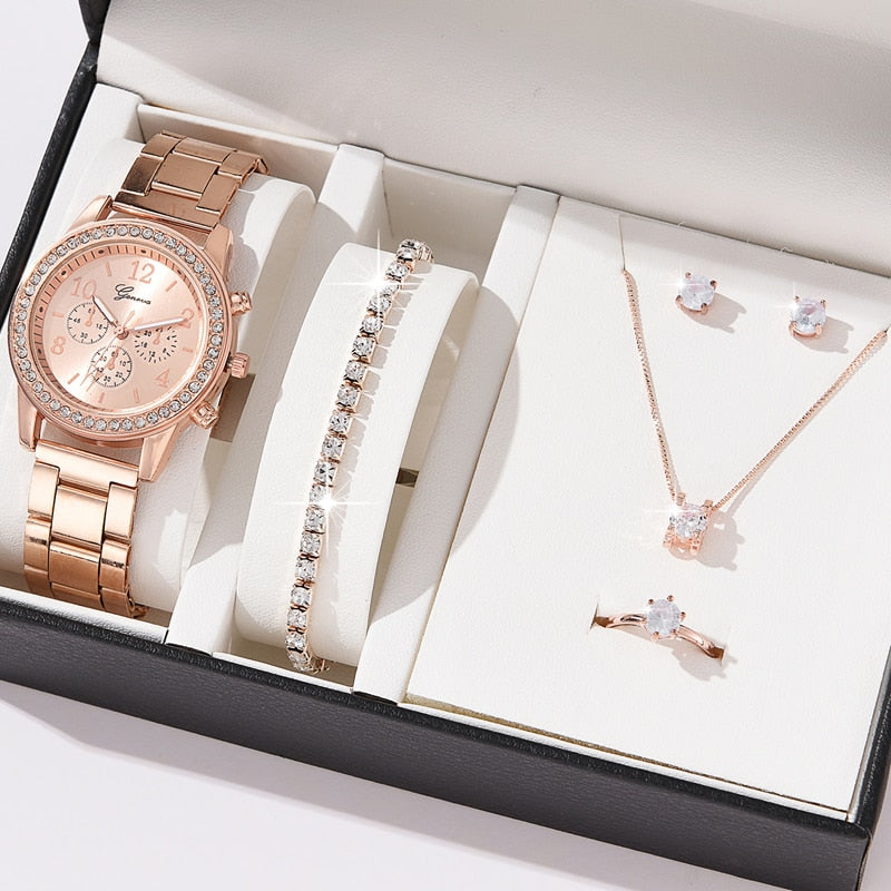 kit Relógio, pulseira, cordão e Anel Rose Gold Premium