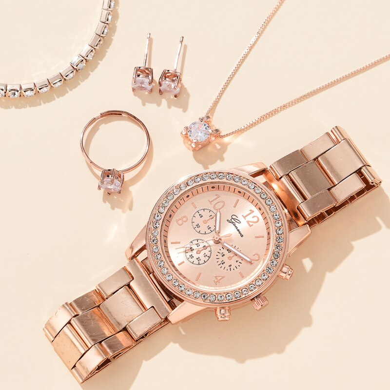 kit Relógio, pulseira, cordão e Anel Rose Gold Premium